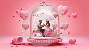 A couple in love is standing opposite each other on a pink background with balls.