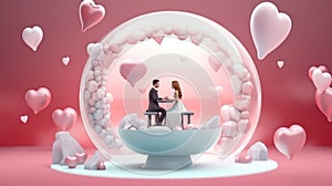 A couple in love is standing opposite each other on a pink background with balls.