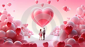 A couple in love is standing opposite each other on a pink background with balls.