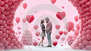 A couple in love is standing opposite each other on a pink background with balls.