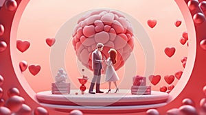 A couple in love is standing opposite each other on a pink background with balls.