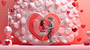 A couple in love is standing opposite each other on a pink background with balls.