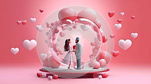 A couple in love is standing opposite each other on a pink background with balls.