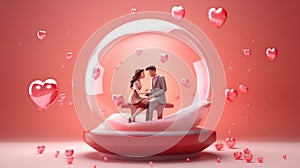 A couple in love is standing opposite each other on a pink background with balls.