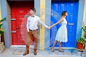 Couple in love strolling around an old castle