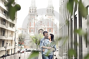 Couple in love on summer terrace of restaurant.