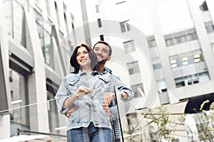 Couple in love on summer terrace of restaurant.