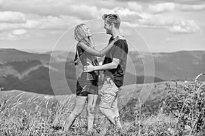 Couple in love summer vacation. Love and trust. Couple landscape background. Journey to mountains concept. What is our