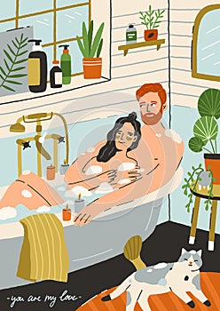 Couple in love taking bath together. Happy young man and woman in romantic relationships relaxing in bathroom. Lovers in