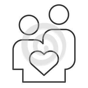 Couple in love thin line icon. Lovers young people with heart shape symbol, outline style pictogram on white background