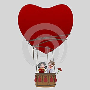 Couple in love traveling in Aerostatic Balloon Heart Love. Saint Valentine.