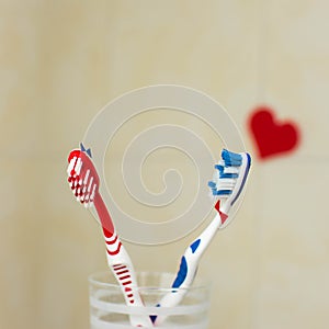 Couple in love of two toothbrushes. Suggesting St. Valentines Day concept. Selective focus.