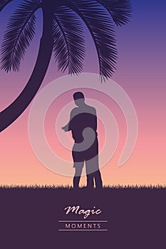 Couple in love under palm tree summer holiday tropical design