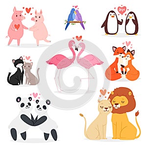 Couple in love vector animal lovers characters panda or cat on loving date on Valentines day and flamingo kissing loved