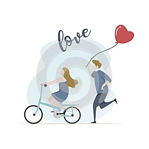 Couple in love vector illustration for valentine's day card banner design. Concept of happy lovers riding a bike