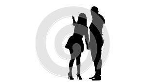 Couple in love is waiting for friends and waving at them. Silhouette. White background