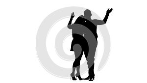 Couple in love is waiting for friends and waving at them. Silhouette. White background