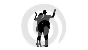 Couple in love is waiting for friends and waving at them. Silhouette. White background. Slow motion