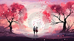 couple in love on a walk against the backdrop of tender hearts