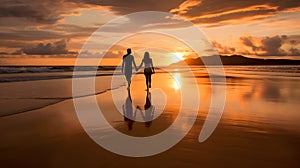 Couple in love walking along the beach together at sunset. Valentine\'s Day love and romance.