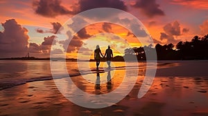 Couple in love walking along the beach together at sunset. Valentine\'s Day love and romance.