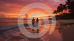 Couple in love walking along the beach together at sunset. Valentine\'s Day love and romance.