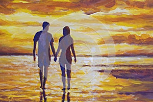 A couple in love walking along a warm water seashore at sunrise sunset