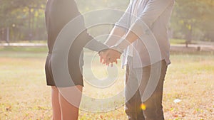 Couple in love walking in the autumn park holding hands looking in the sunset