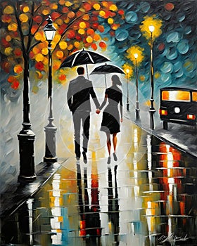 couple in love walking in Paris, night, fall, rainy, misty, digital painting, deep brush strokes