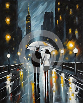 couple in love walking in Paris, night, fall, rainy, misty, digital painting, deep brush strokes