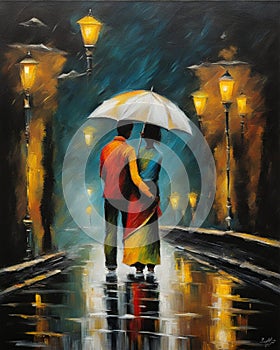couple in love walking in Paris, night, fall, rainy, misty, digital painting, deep brush strokes
