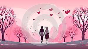 A couple in love is walking in the park on a pink background with hearts, Valentines Day