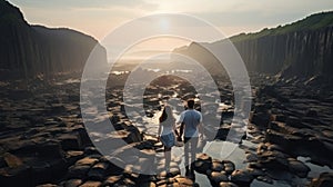 Couple in love walking on the rocky coast at sunset Iceland