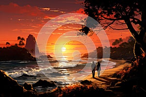 Couple in love walks along the seashore at sunset