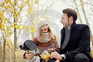 Couple in love on a warm autumn day walks in the Park with a cheerful dog Spaniel. Love and tenderness between a man and a woman