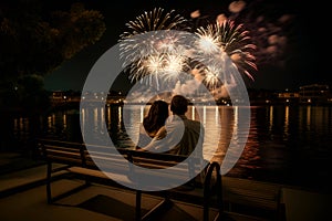 Couple in love watching fireworks over the river, Generative AI 2