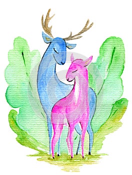 Couple in love watercolor illustration. Adorable hand drawn image for card design, wedding stationary decoration. Cute deers in lo