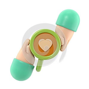 Couple in love women and man holding cup coffee with chocolate heart shape symbol. Happy Valentine\'s Day.