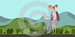 Couple in love. Young man and woman on a romantic date in mountain landscape. A man hugs a woman. Vector illustration.