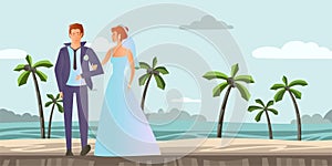 Couple in love. Young man and woman at the wedding on a tropical beach with palm trees. Vector illustration.