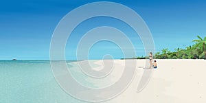 Couple of lover at the beach and tropical blue sea vector illustration. Journey of sweetheart concept flat design