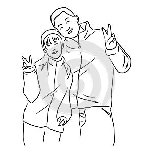 Couple lover with hand victory sign vector illustration sketch doodle hand drawn with black lines isolated on white background