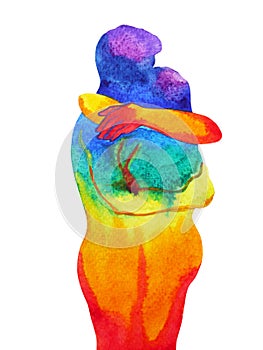 Couple lover hugging in rainbow universe abstract free mind