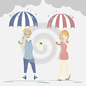 Couple lover man and woman standing, holding umbrella in rainy day season