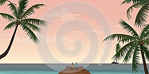 Couple of lover sitting on the pier have tropical blue sea and vanilla sky background vector illustration.