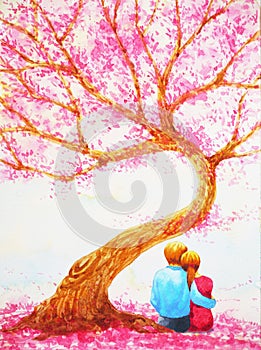 Couple lover sitting under love tree valentines day watercolor painting
