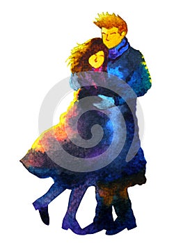 Couple lover sweet hug kissing in winter cold cool coat watercolor painting