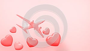 Couple lover. Wedding on a plane and Red heart shape of Wedding card design. Honeymoon in Love Romantic Concept on Pink