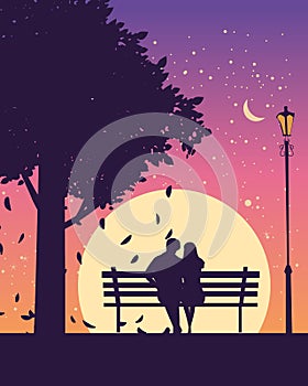 Couple lovers on bench in park, under tree, autumn. Sunset, night, stars. Vector illustration silhouette