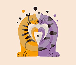 Couple of lovers cats in love sit in heart shape pose and kiss